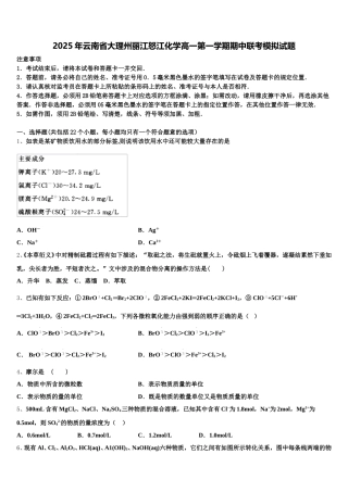 2025年云南省大理州丽江怒江化学高一第一学期期中联考模拟试题含解析