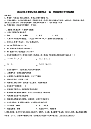 德宏市重点中学2026届化学高一第一学期期中联考模拟试题含解析