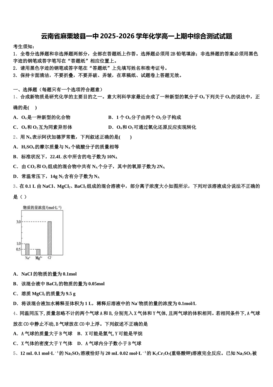 云南省麻栗坡县一中2025-2026学年化学高一上期中综合测试试题含解析_第1页
