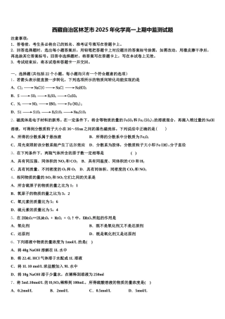 西藏自治区林芝市2025年化学高一上期中监测试题含解析