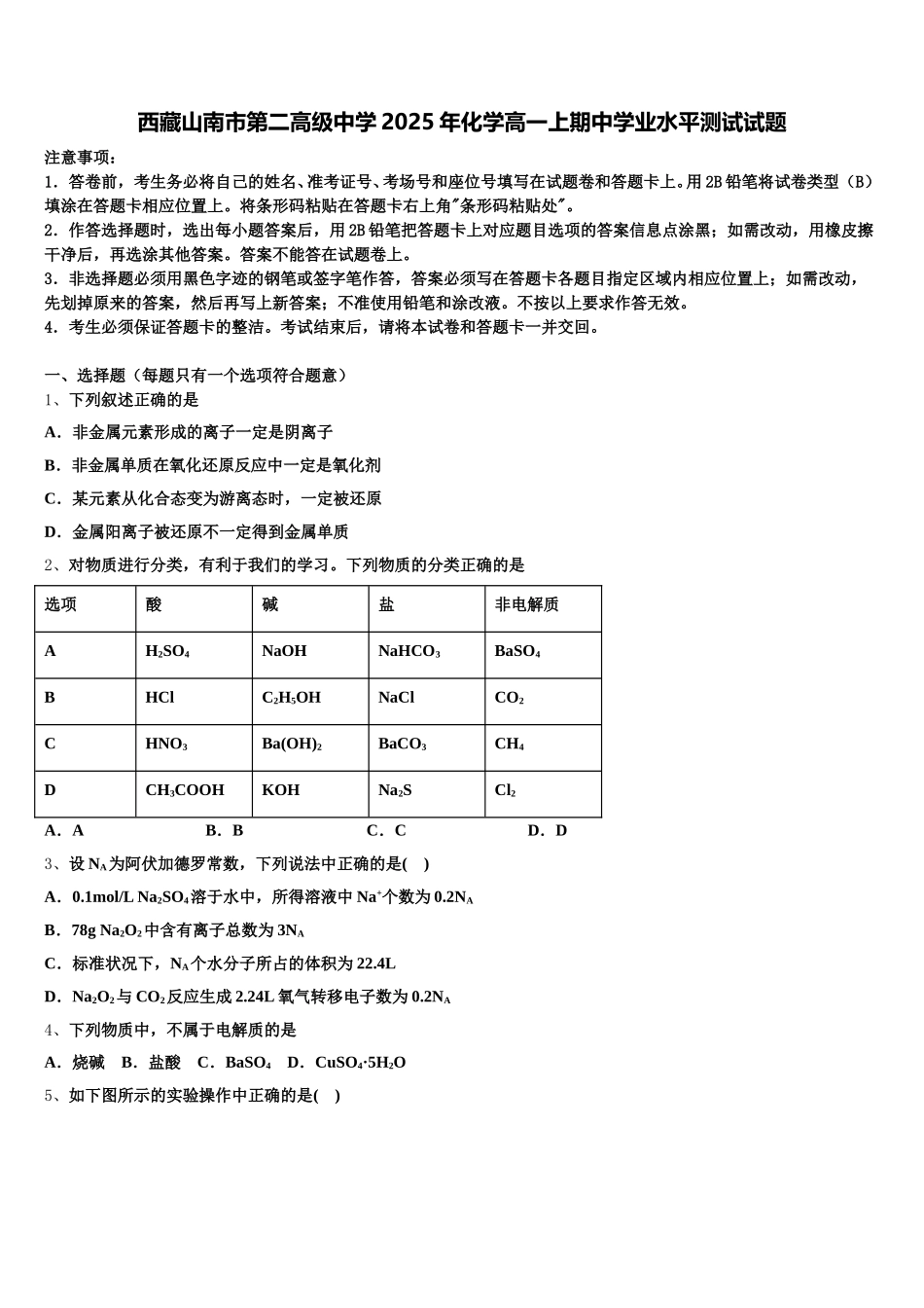 西藏山南市第二高级中学2025年化学高一上期中学业水平测试试题含解析_第1页