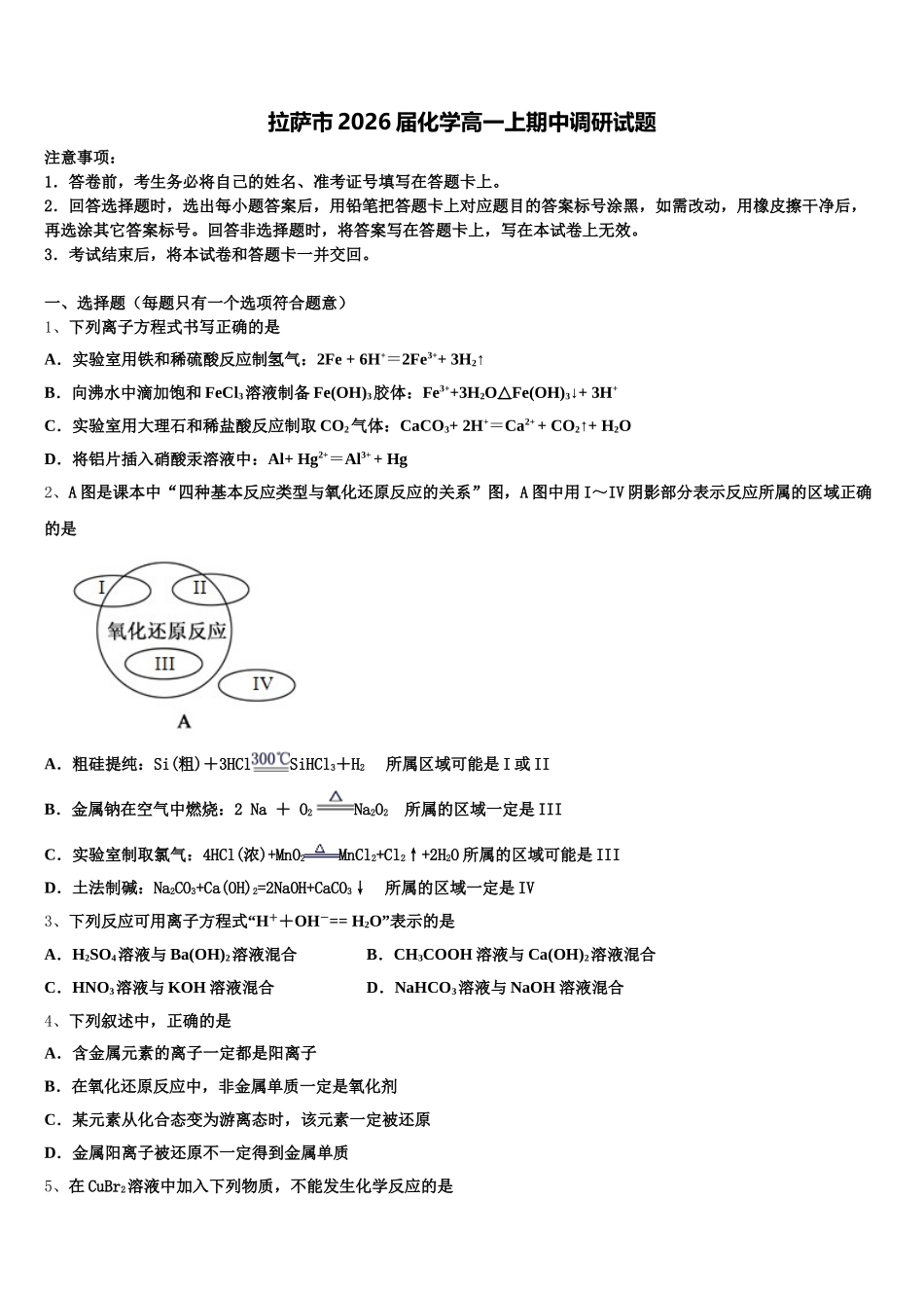 拉萨市2026届化学高一上期中调研试题含解析_第1页