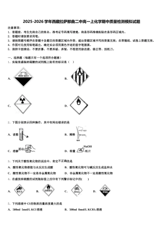 2025-2026学年西藏拉萨那曲二中高一上化学期中质量检测模拟试题含解析