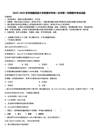 2025-2026学年西藏民族大学附属中学高一化学第一学期期中考试试题含解析