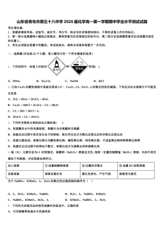 山东省青岛市第五十八中学2026届化学高一第一学期期中学业水平测试试题含解析