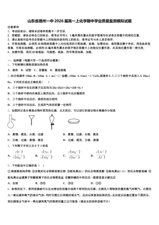 山东省德州一中2026届高一上化学期中学业质量监测模拟试题含解析