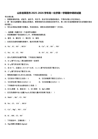 山东省莱芜市2025-2026学年高一化学第一学期期中调研试题含解析