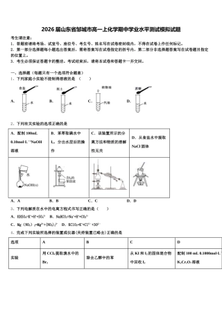 2026届山东省邹城市高一上化学期中学业水平测试模拟试题含解析