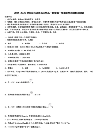 2025-2026学年山东省青岛二中高一化学第一学期期中质量检测试题含解析