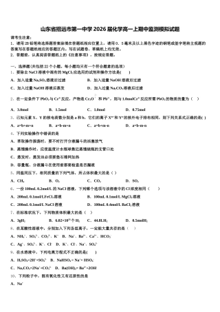 山东省招远市第一中学2026届化学高一上期中监测模拟试题含解析