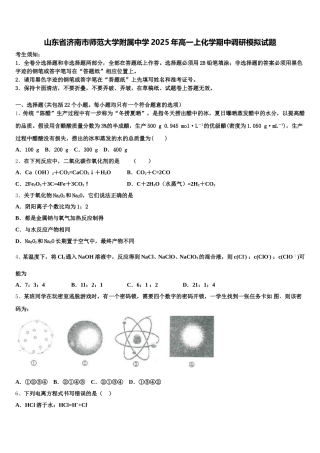 山东省济南市师范大学附属中学2025年高一上化学期中调研模拟试题含解析