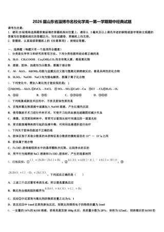 2026届山东省淄博市名校化学高一第一学期期中经典试题含解析