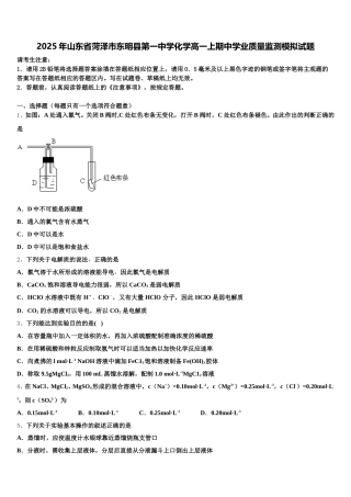 2025年山东省菏泽市东明县第一中学化学高一上期中学业质量监测模拟试题含解析