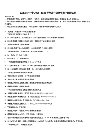 山东济宁一中2025-2026学年高一上化学期中监测试题含解析