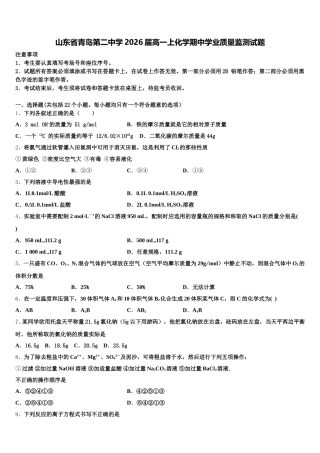 山东省青岛第二中学2026届高一上化学期中学业质量监测试题含解析