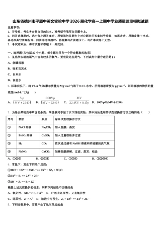 山东省德州市平原中英文实验中学2026届化学高一上期中学业质量监测模拟试题含解析