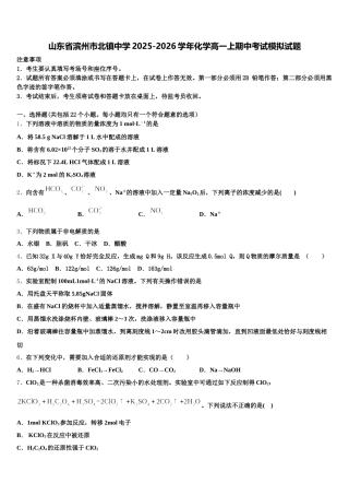 山东省滨州市北镇中学2025-2026学年化学高一上期中考试模拟试题含解析