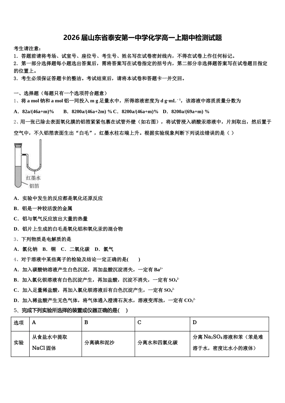 2026届山东省泰安第一中学化学高一上期中检测试题含解析_第1页