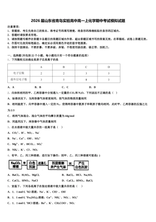 2026届山东省青岛实验高中高一上化学期中考试模拟试题含解析