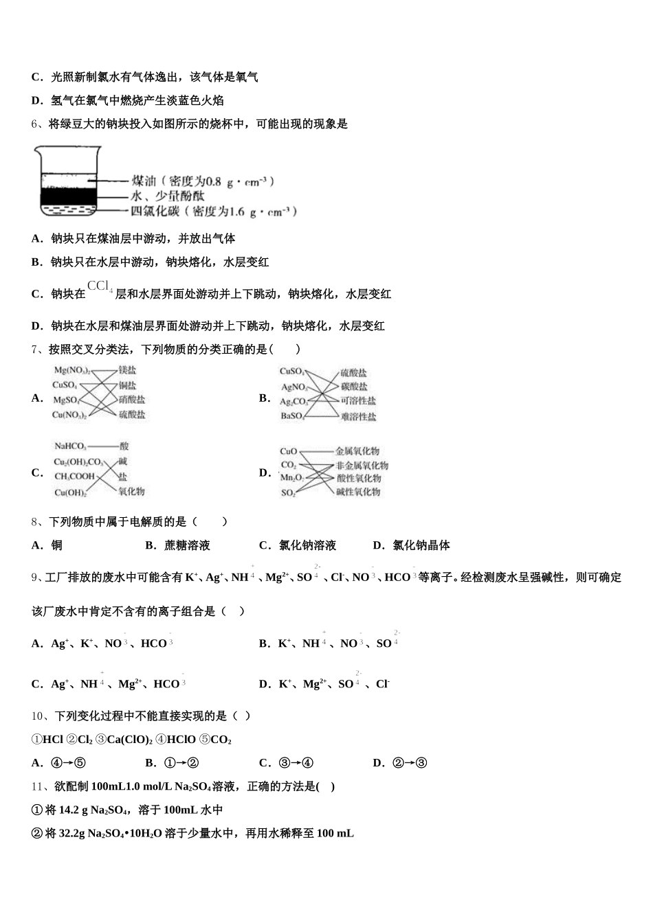 山东省泰安市泰安一中2025年化学高一上期中学业水平测试试题含解析_第2页