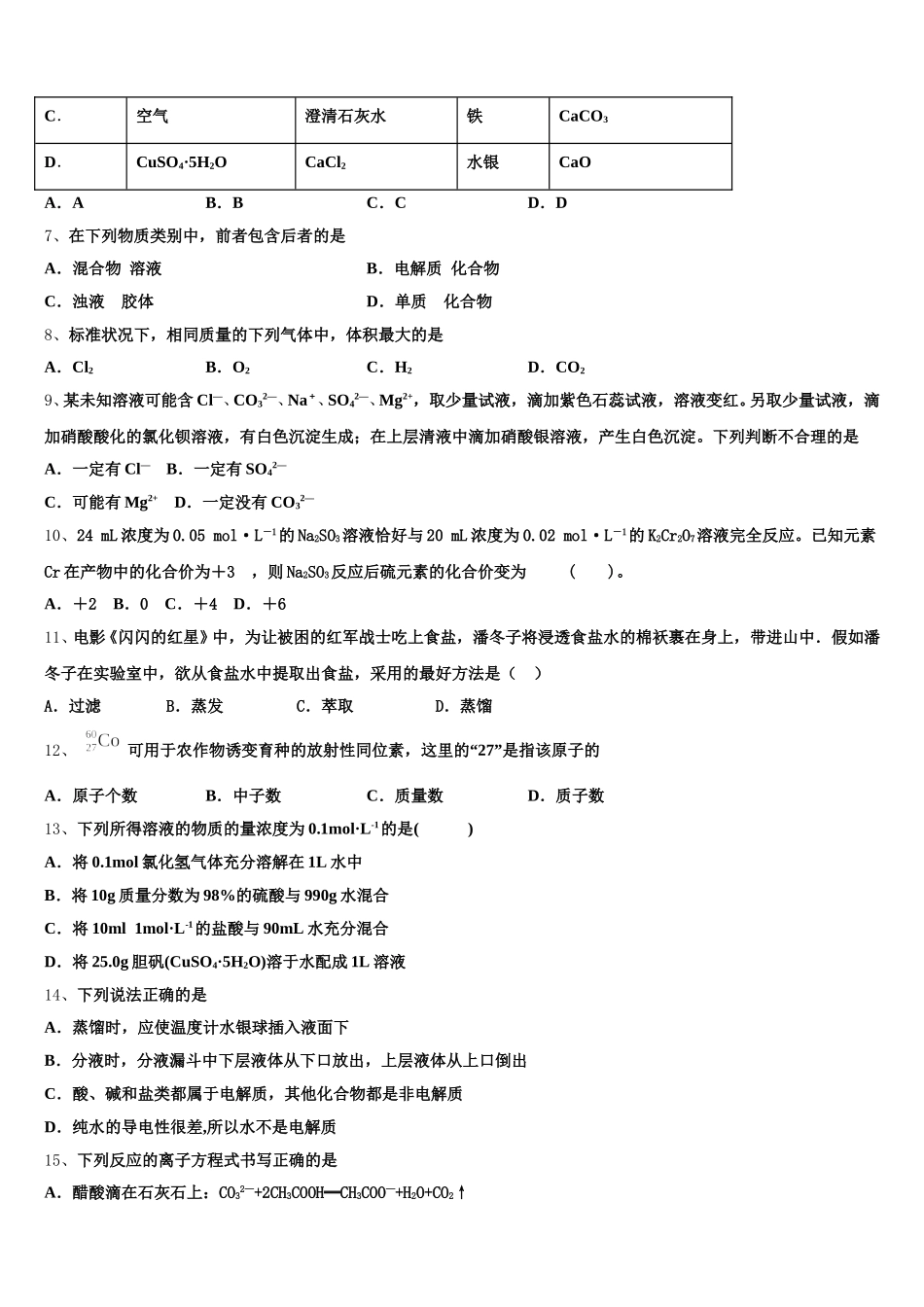 2025年山东省东营市垦利区第一中学高一化学第一学期期中学业水平测试模拟试题含解析_第2页