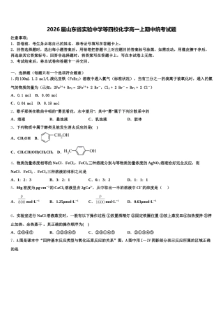 2026届山东省实验中学等四校化学高一上期中统考试题含解析