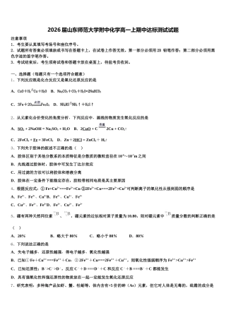 2026届山东师范大学附中化学高一上期中达标测试试题含解析
