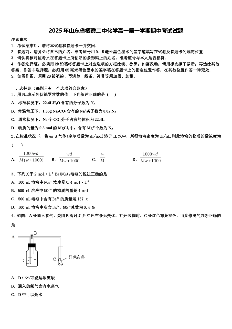 2025年山东省栖霞二中化学高一第一学期期中考试试题含解析_第1页