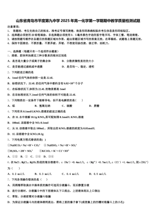 山东省青岛市平度第九中学2025年高一化学第一学期期中教学质量检测试题含解析
