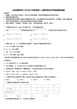 山东省莱州市一中2025年化学高一上期中学业水平测试模拟试题含解析