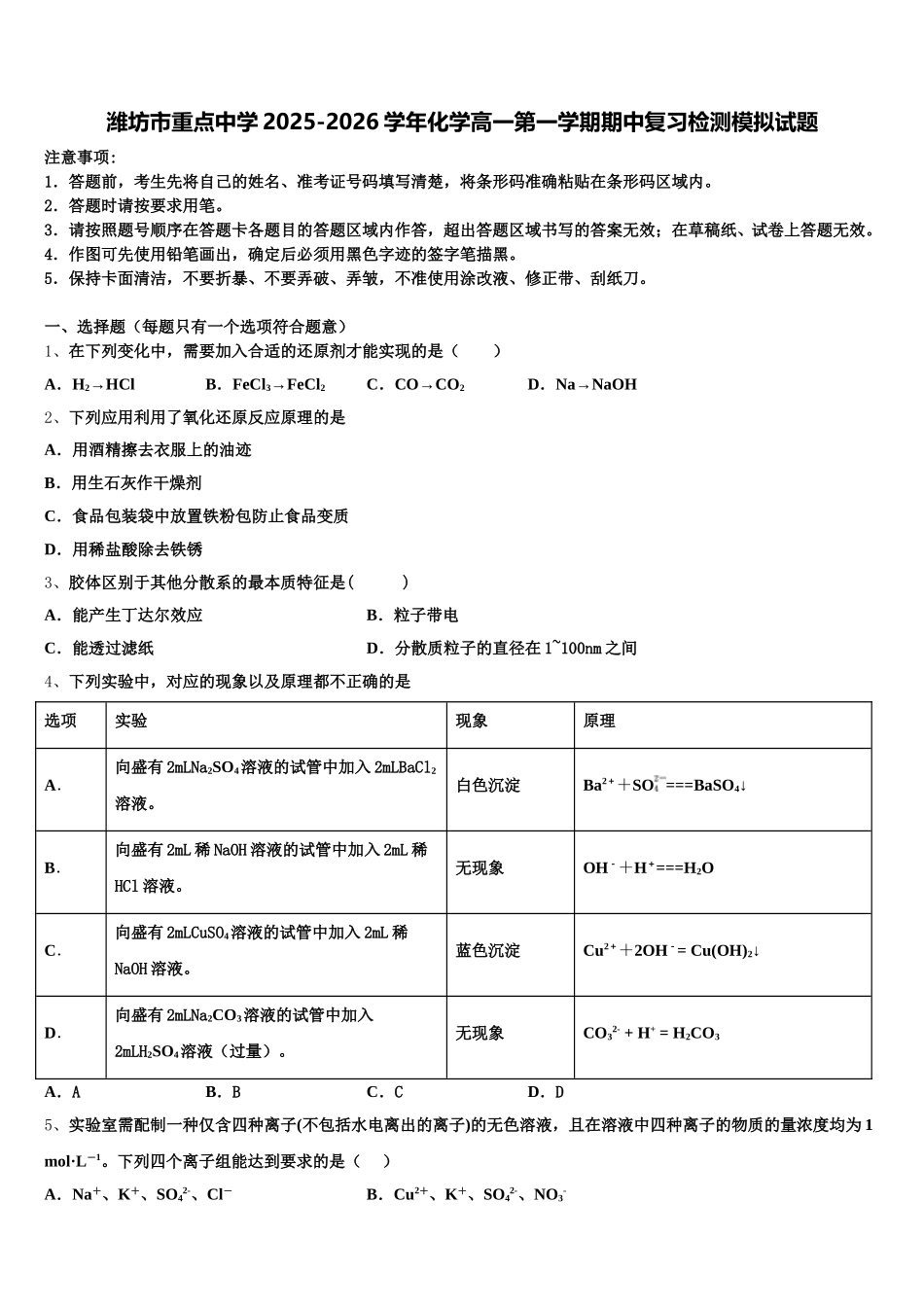 潍坊市重点中学2025-2026学年化学高一第一学期期中复习检测模拟试题含解析_第1页