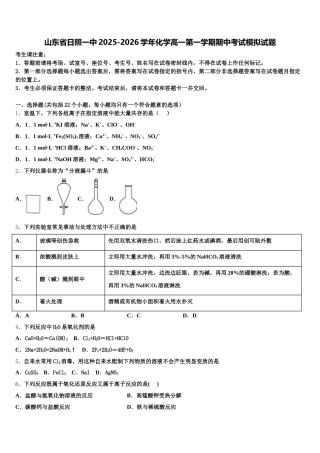 山东省日照一中2025-2026学年化学高一第一学期期中考试模拟试题含解析