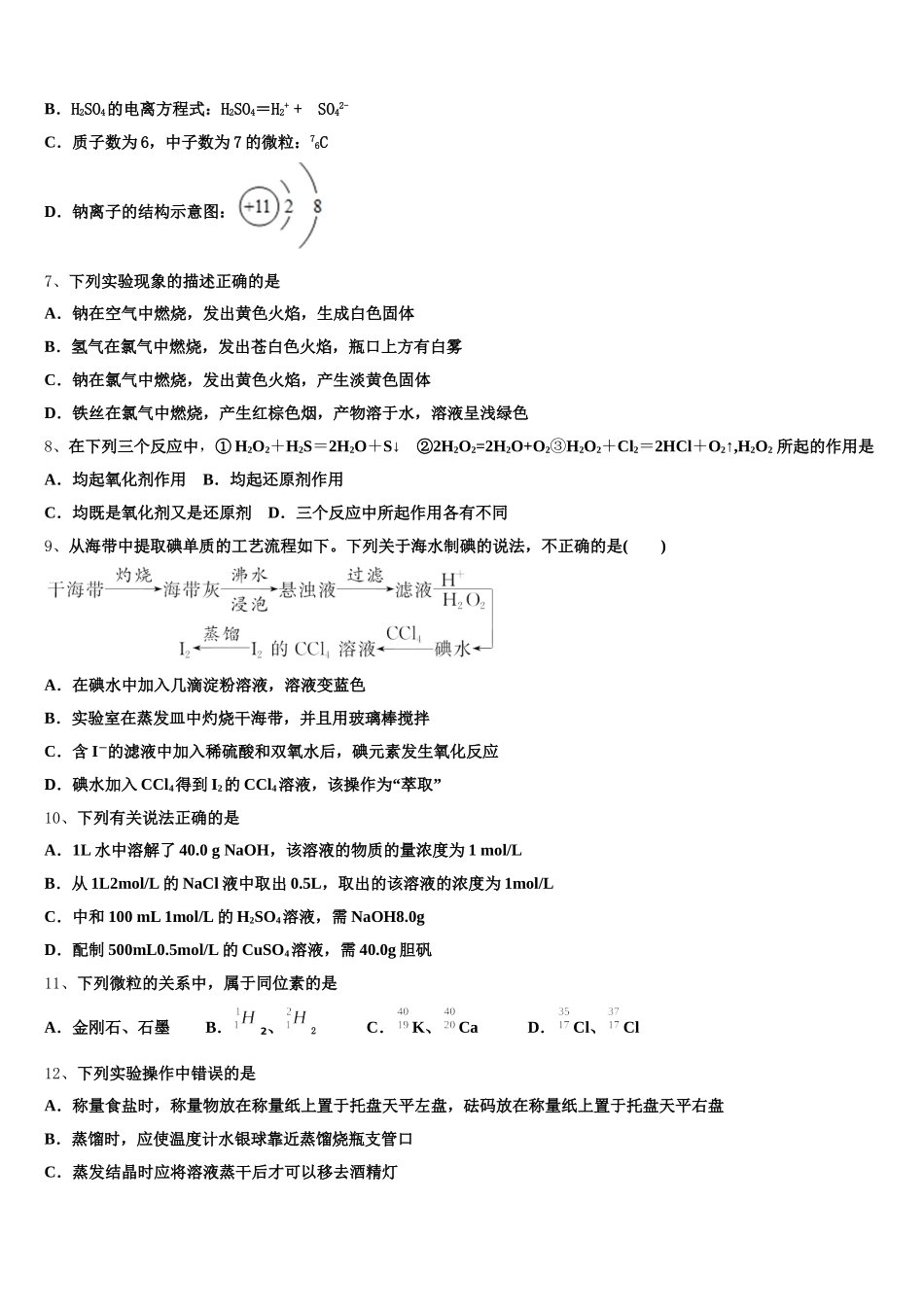 2026届山东济南第一中学高一上化学期中复习检测模拟试题含解析_第2页