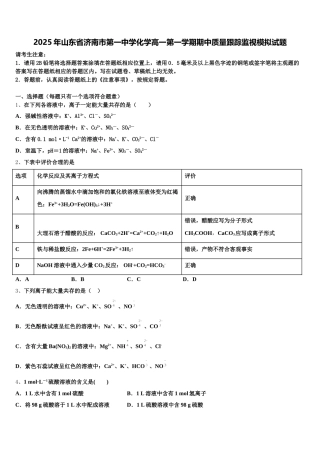2025年山东省济南市第一中学化学高一第一学期期中质量跟踪监视模拟试题含解析