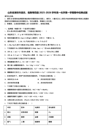 山东省潍坊市昌乐、临朐等四县2025-2026学年高一化学第一学期期中经典试题含解析