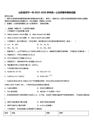 山东省济宁一中2025-2026学年高一上化学期中调研试题含解析