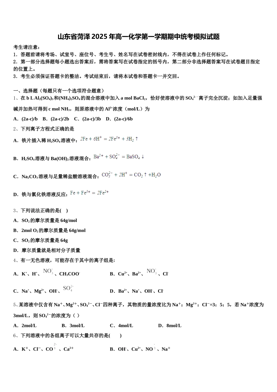山东省菏泽2025年高一化学第一学期期中统考模拟试题含解析_第1页