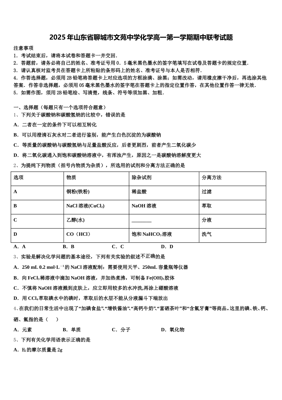 2025年山东省聊城市文苑中学化学高一第一学期期中联考试题含解析_第1页