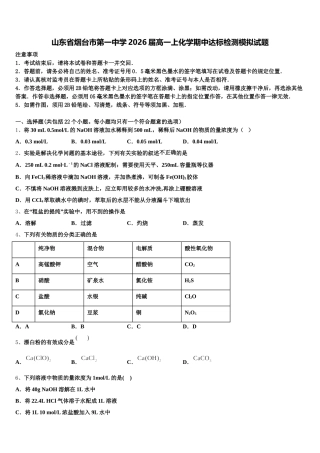 山东省烟台市第一中学2026届高一上化学期中达标检测模拟试题含解析
