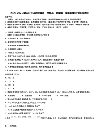 2025-2026学年山东省武城县第一中学高一化学第一学期期中统考模拟试题含解析