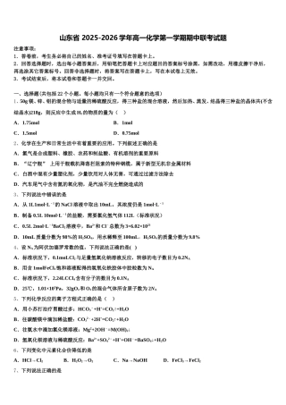 山东省 2025-2026学年高一化学第一学期期中联考试题含解析