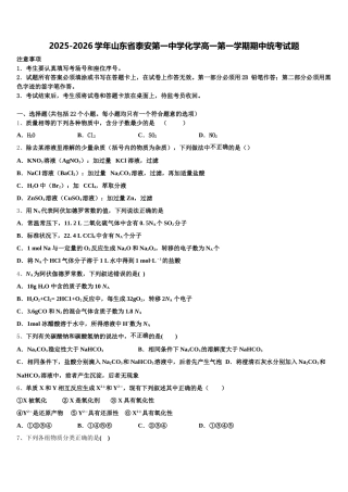 2025-2026学年山东省泰安第一中学化学高一第一学期期中统考试题含解析