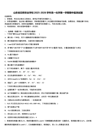 山东省日照农业学校2025-2026学年高一化学第一学期期中监测试题含解析
