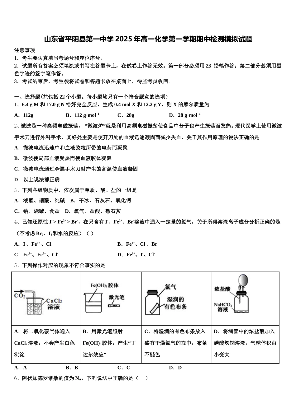 山东省平阴县第一中学2025年高一化学第一学期期中检测模拟试题含解析_第1页