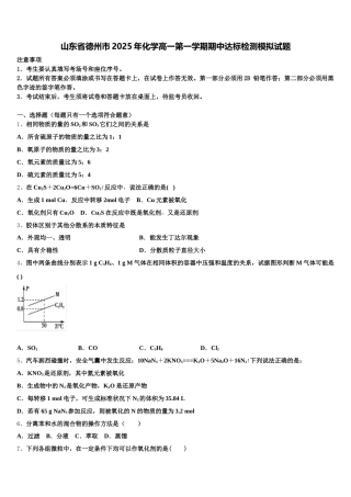 山东省德州市2025年化学高一第一学期期中达标检测模拟试题含解析