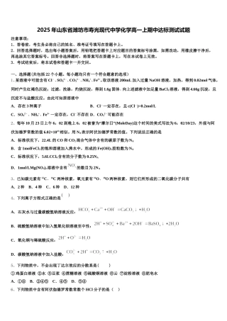 2025年山东省潍坊市寿光现代中学化学高一上期中达标测试试题含解析