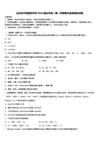 山东省宁阳第四中学2026届化学高一第一学期期中监测模拟试题含解析