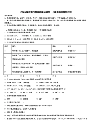 2026届济南市育英中学化学高一上期中监测模拟试题含解析