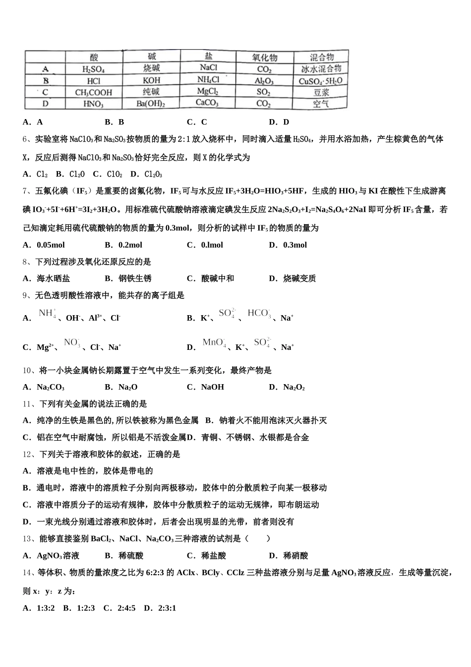 2026届山东省烟台市栖霞市化学高一上期中预测试题含解析_第2页