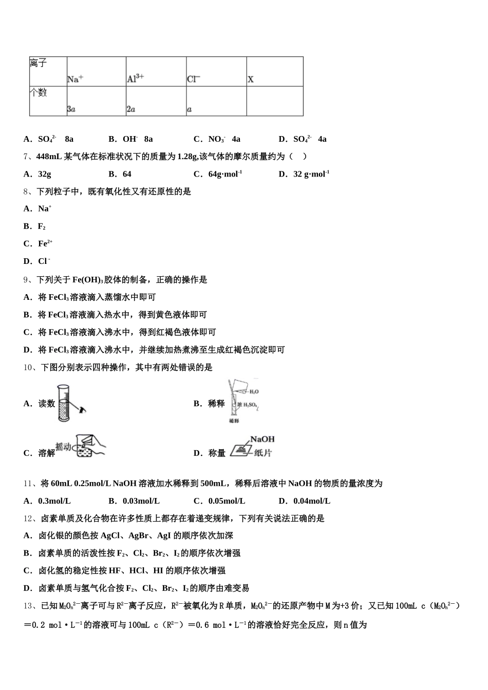 2026届山东济南第一中学高一上化学期中监测模拟试题含解析_第2页